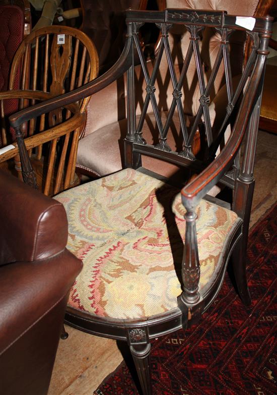 George III mahogany Sheraton design open elbow chair(-)